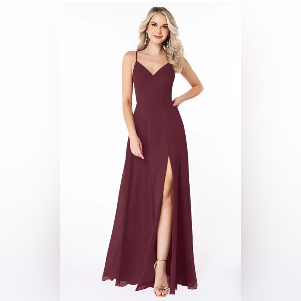 Azazie Lena in Cabernet A-Line Lace Chiffon Dress size a16